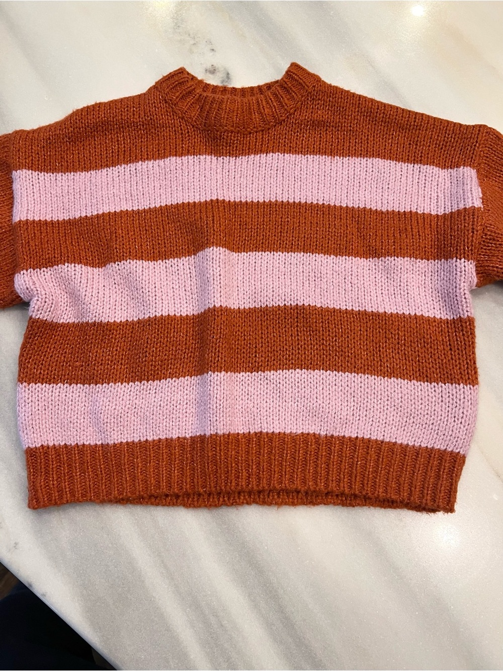 Forever 21 Rust and Pink Striped Short-Sleeve Crew Sweater